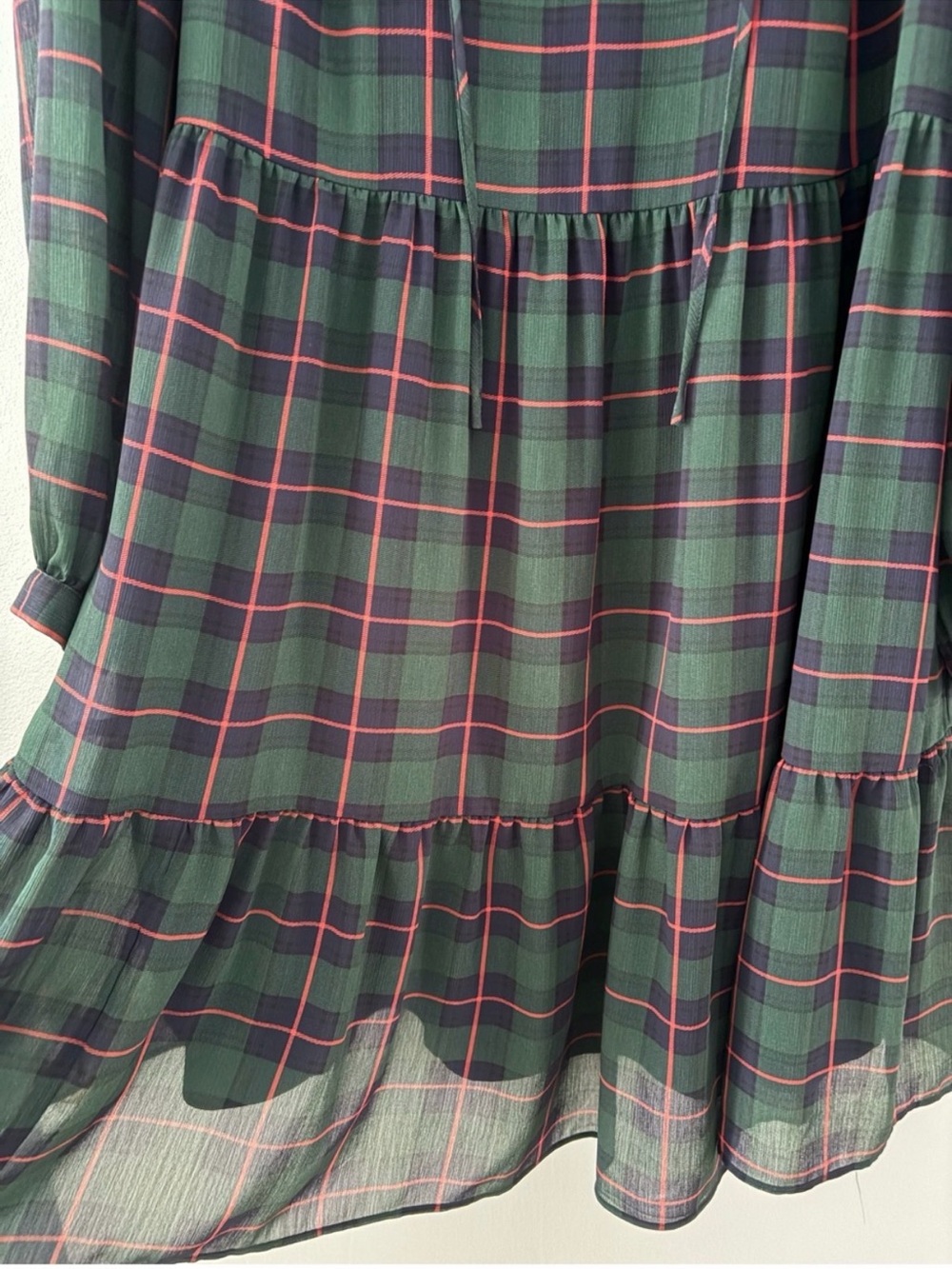 J. Crew XL Black Red + Green Tie Neck Tartan Plaid Holiday Ruffle Dress - Picture 9 of 14